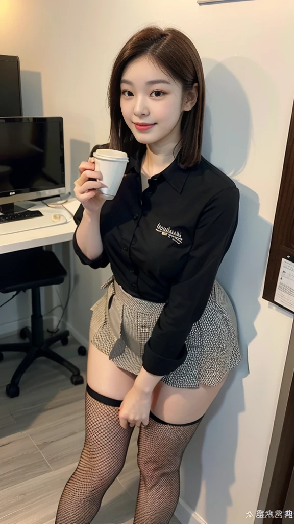 ((top-quality、​masterpiece、photographrealistic:1.4、in 8K))、Beautuful Women１a person、25years old、beautiful hairl、delicate and beautiful face、Eyes and faces with detailed 、(Modern workplace with computer:1.2)、(Shirt:1.2)、(standing:1.2)、A smile、Beautiful lighting、Textured skin、Super Detail、high detailing、High quality、hight resolution、（looking at the viewers）、Detailed mouth、Opening Mouth、full body Esbian、tight skirts、Women at work、Fishnet Stockings、Coffee、window、Women who can work、high-heels,  short hair