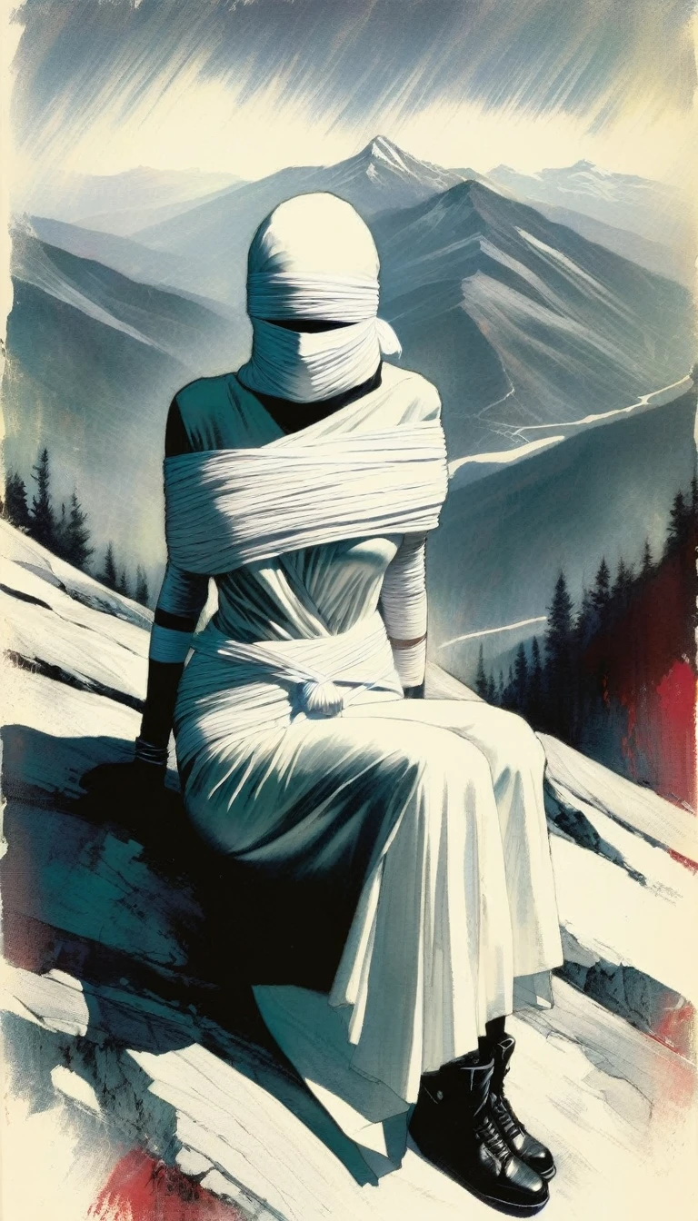 woman tied with bandages, eyes covered, on top of a mountain (art inspired by Bill Sienkiewicz)
