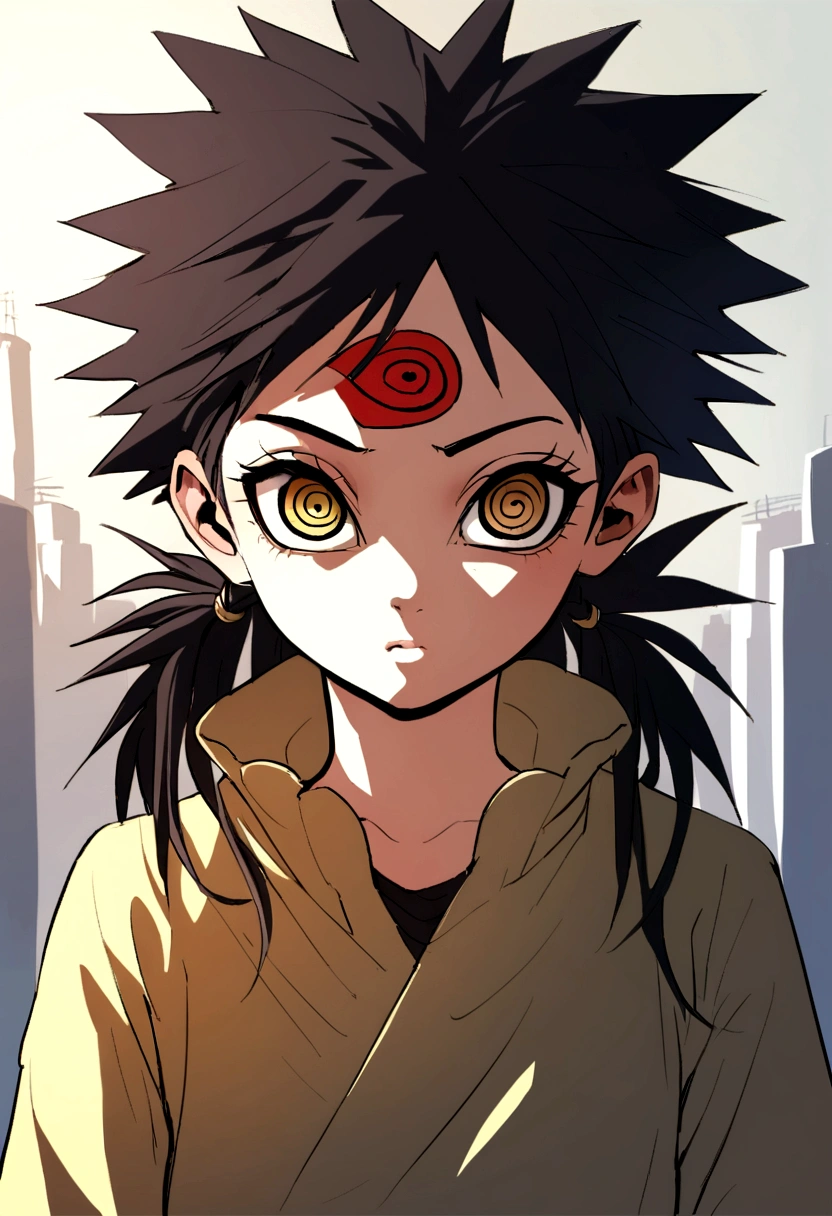 Naruto manga eslito, a girl with long black hair with bangs (Hinata&#39;s hair style) eyes black, mamga naruto drawing, focus on the eyes/muka, 12 year old girl,