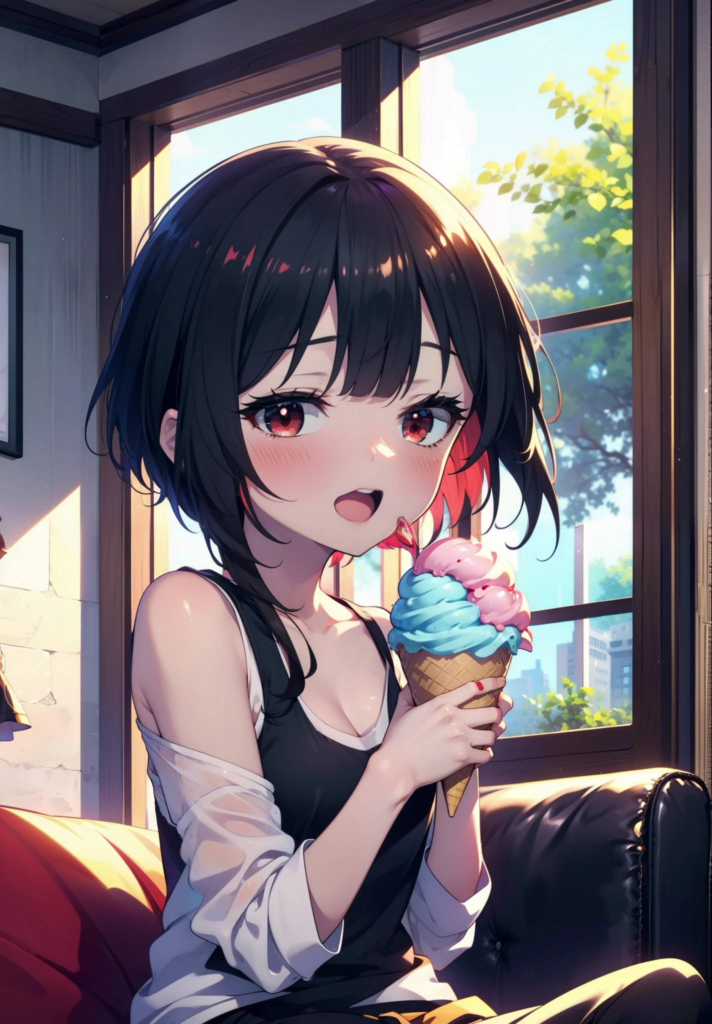 konosubaMegumin, Megumin, short hair, Black Hair, (Red eyes:1.3), short hair with long locks,happy smile, smile, Open your mouth,Tank top shirt with open mouth,Shorts,barefoot,barefoot,Holding and eating ice cream with right hand,Sitting on the sofa,whole bodyがイラストに入るように,morning,morning陽,The sun is rising,
break indoor, room,
break looking at viewer,whole body, (Cowboy Shot:1. 5)
break (masterpiece:1.2), Highest quality, High resolution, unity 8k wallpaper, (figure:0.8), (Beautiful attention to detail:1.6), Highly detailed face, Perfect lighting, Highly detailed CG, (Perfect hands, Perfect Anatomy),