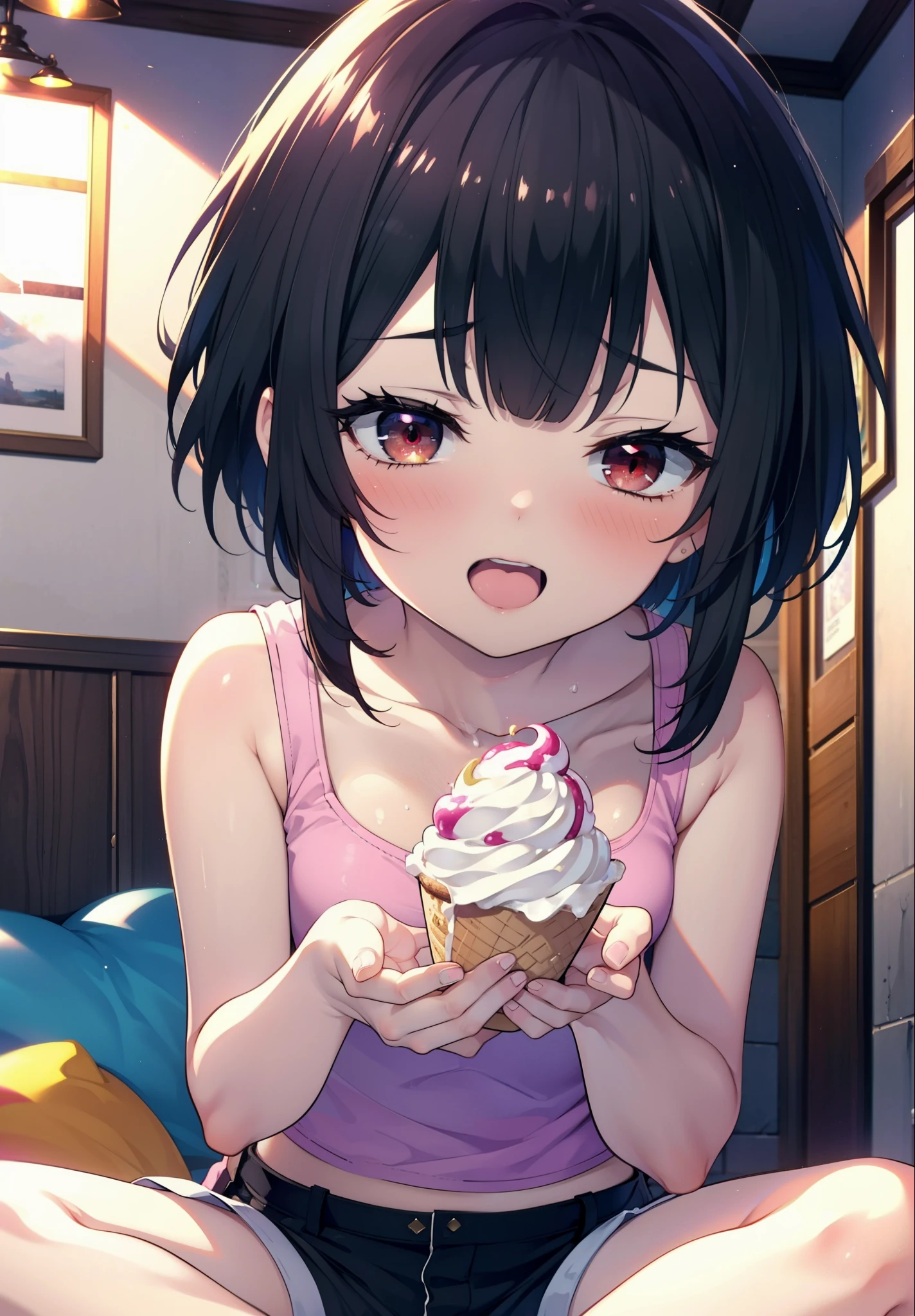 konosubaMegumin, Megumin, short hair, Black Hair, (Red eyes:1.3), short hair with long locks,happy smile, smile, Open your mouth,Tank top shirt with open mouth,Shorts,barefoot,barefoot,Holding and eating ice cream with right hand,Sitting on the sofa,whole bodyがイラストに入るように,morning,morning陽,The sun is rising,
break indoor, room,
break looking at viewer,whole body, (Cowboy Shot:1. 5)
break (masterpiece:1.2), Highest quality, High resolution, unity 8k wallpaper, (figure:0.8), (Beautiful attention to detail:1.6), Highly detailed face, Perfect lighting, Highly detailed CG, (Perfect hands, Perfect Anatomy),