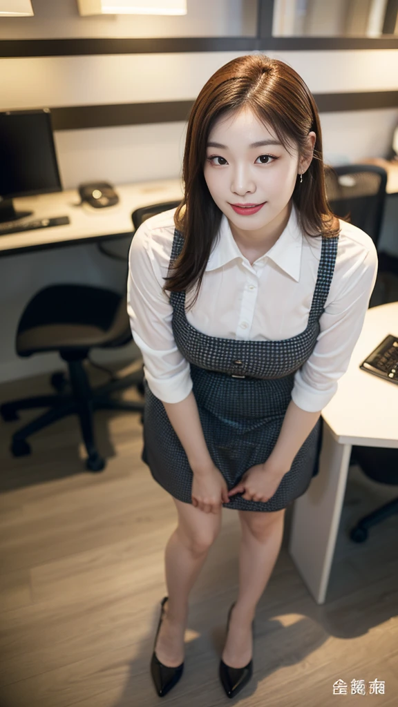 ((top-quality、masterpiece、photographrealistic:1.4、in 8K))、Beautuful Women1a person、25years old、beautiful hairl、delicate and beautiful face、Eyes and faces with detailed 、(Modern workplace with computer:1.2)、(Shirt:1.2)、(standing:1.2)、A smile、Beautiful lighting、Textured skin、Super Detail、high detailing、High quality、hight resolution、(looking at the viewers)、Detailed mouth、Opening Mouth、full body Esbian、tight skirts、Women at work、Fishnet Stockings、Coffee、window、Women who can work、high-heels, short hair