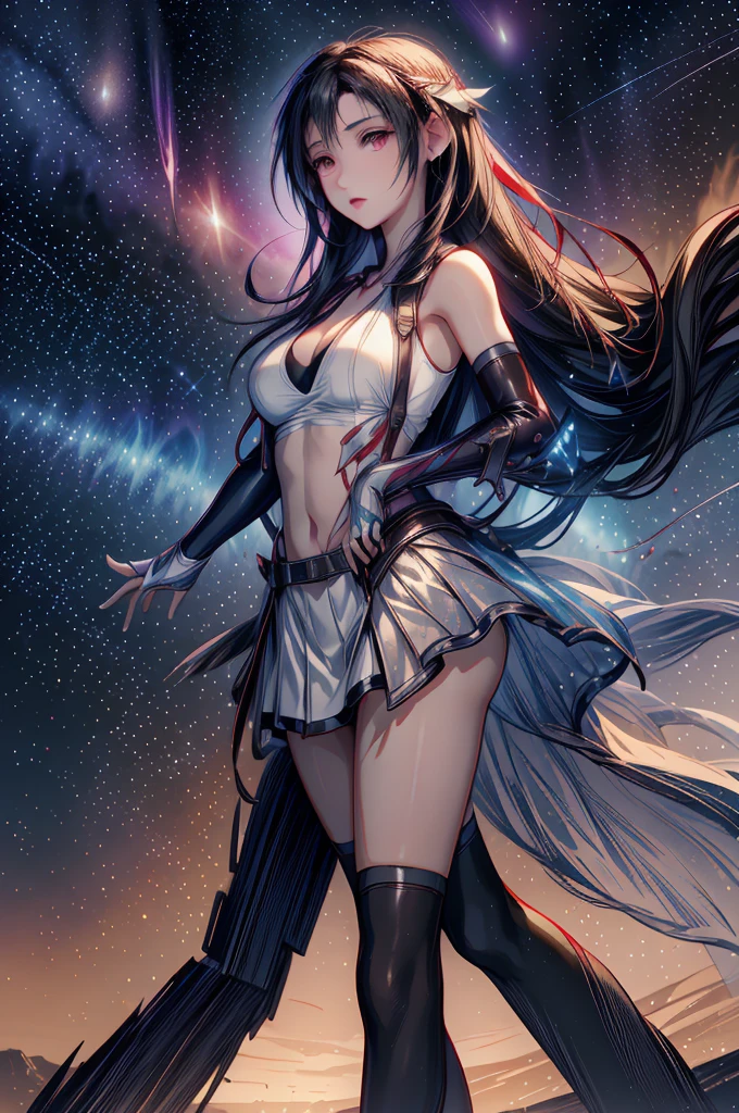 (Obra de arte, melhor qualidade, extremamente detalhado), vivid neon pink and cerulean blue nebula lighting, Lunar landscape, spacecraft, stars, (long hair crossed with white and lavender), slim female figure with  breasts, delicate and perfect female face, futuristic aerodynes, space girl accompanied by two shepherd dogs.