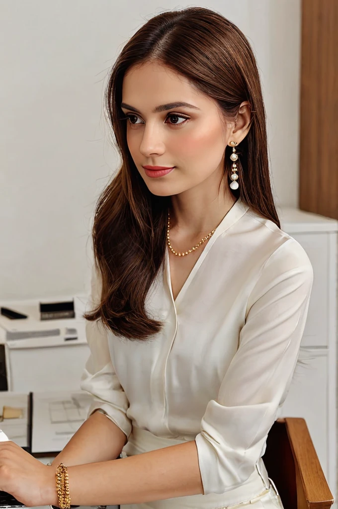 (Create a photo of a slim woman with a toned body). She has fair skin, brown eyes and long, wavy brown hair with caramel highlights (she is 27 years old). She is dressed elegantly and sophisticatedly. She wears a sophisticated set of elegant white blouse and sophisticated brown pants)) giving a clean and professional look. The accessories she wears are delicate gold jewelry: minimalist pearl earrings, delicate bracelets and a minimalist necklace, which complement the look with a touch of refinement. Her hair is loose, shoulder-length and well-groomed, adding an element of sophistication to her overall style. The makeup is discreet and well done, highlighting facial features in a subtle and natural way. 
 (You are in your extremely sophisticated office), your environment should have a cool light. ((The focus of the photo should be the woman sitting in a director's chair positioned looking at her computer that is above her office)). There are minimalist decorations in the environment. 8k quality, blur effect. Perfect eyes.