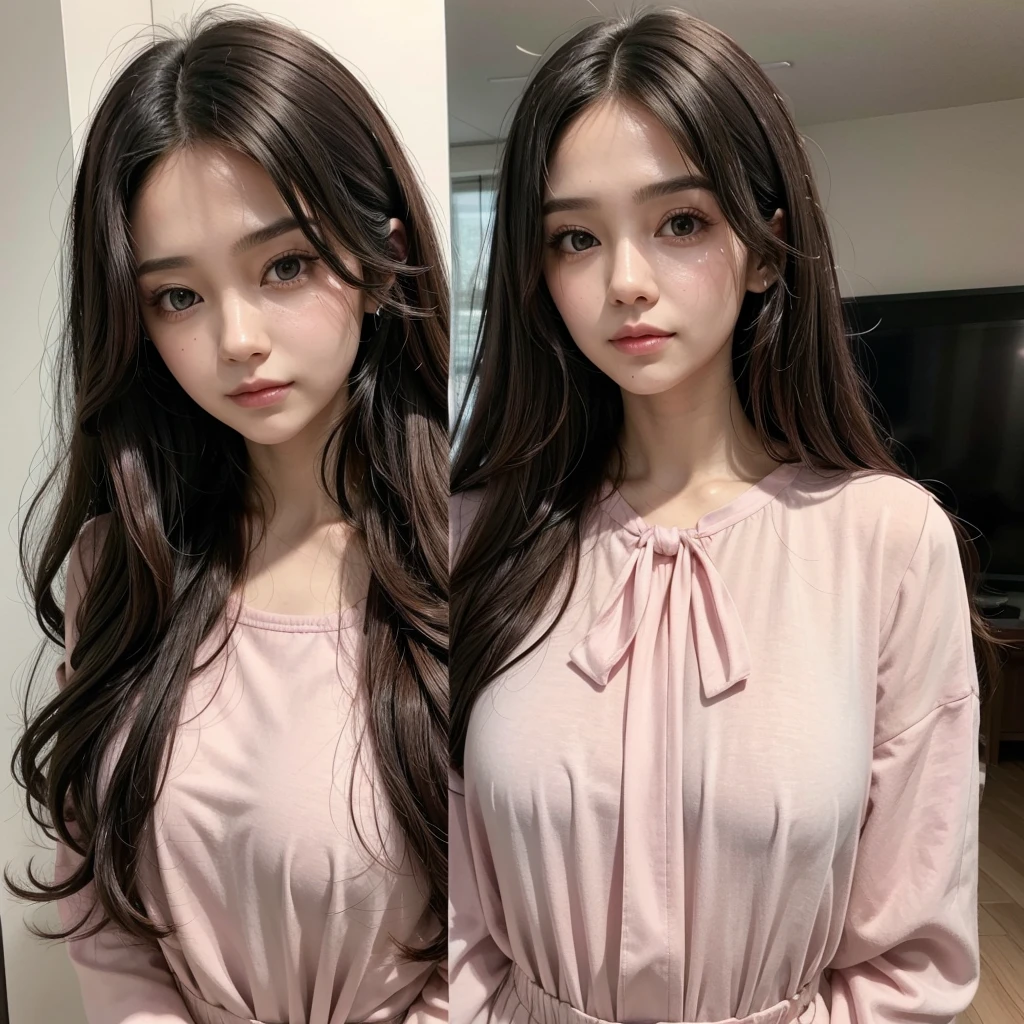 Create a slightly thin woman with hair that is curly at the ends and straight on top, with a straight nose, pink blouse with a half-turned face, long black hair 