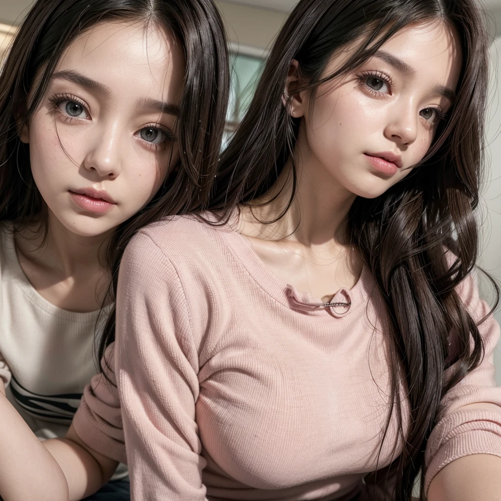 Create a slightly thin woman with hair that is curly at the ends and straight on top, with a straight nose, pink blouse with a half-turned face, long black hair 