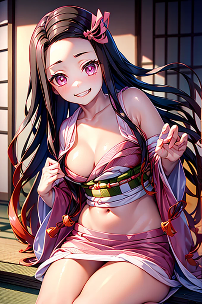 masterpiece, best quality, highly detailed, ultra high res, (photorealistic:1.8), unreal_engine, photograph, realistic_skin_texture, nezuko, kamado nezuko, 1girl, solo, long hair, black hair, pink eyes, multicolored hair, hair ribbon, (bamboo gag, bite gag), portrait, looking at viewer, seductive smile, pink kimono, own hands together, rialistic photo、Real Images、Top image quality、​masterpiece, (Pink kimono), seductived faced, good lighting, beautiful thigh、adult appeal、Adults、Big、cleavage, finely detail, ​masterpiece,I can see my panties、 radiant eyes, 1girl in, A dark-haired, SUCK, Kamado Nezuko, wisteria background, ​masterpiece, top-quality, POV, panty shot