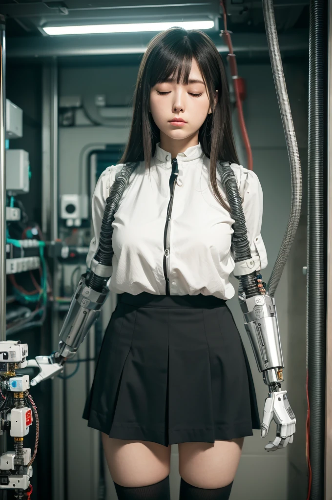 masterpiece, best quality, extremely detailed, Japaese android girl,Plump , control panels,android,Droid,Mechanical Hand, Robot arms and legs,Blunt bangs,perfect robot girl,long tube,thick cable connected her neck,android,robot,humanoid,cyborg,japanese cyborg girl ,future laboratory,robot laboratory,maintenance,connecting a cable between the legs,skirt, She is charging now,（sleep mode:1.5）（closing eyes:1.5）