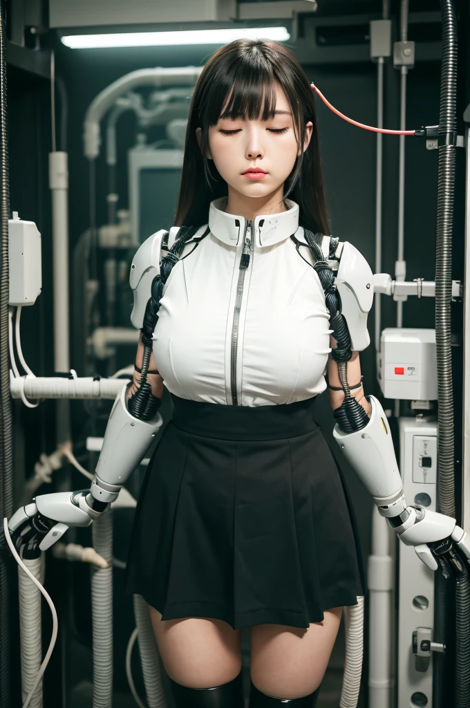 masterpiece, best quality, extremely detailed, Japaese android girl,Plump , control panels,android,Droid,Mechanical Hand, Robot arms and legs,Blunt bangs,perfect robot girl,long tube,thick cable connected her neck,android,robot,humanoid,cyborg,japanese cyborg girl ,future laboratory,robot laboratory,maintenance,connecting a cable between the legs,skirt, She is charging now,(sleep mode:1.5)(closing eyes:1.5)