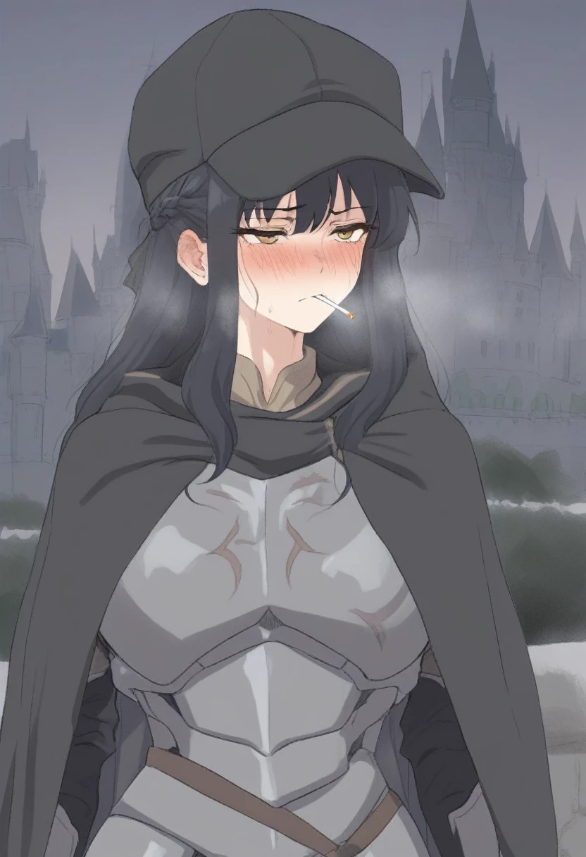 (masterpiece, best quality:1.2) {{Artist: sincos)}} 1woman, solo, stern, sfw, clothed, french braid, long hair, tall, black hair, golden eyes, looking tired, scar, black cloak, cape, black cap, castle background, cigarette in mouth, cold expression, wearing armor. 