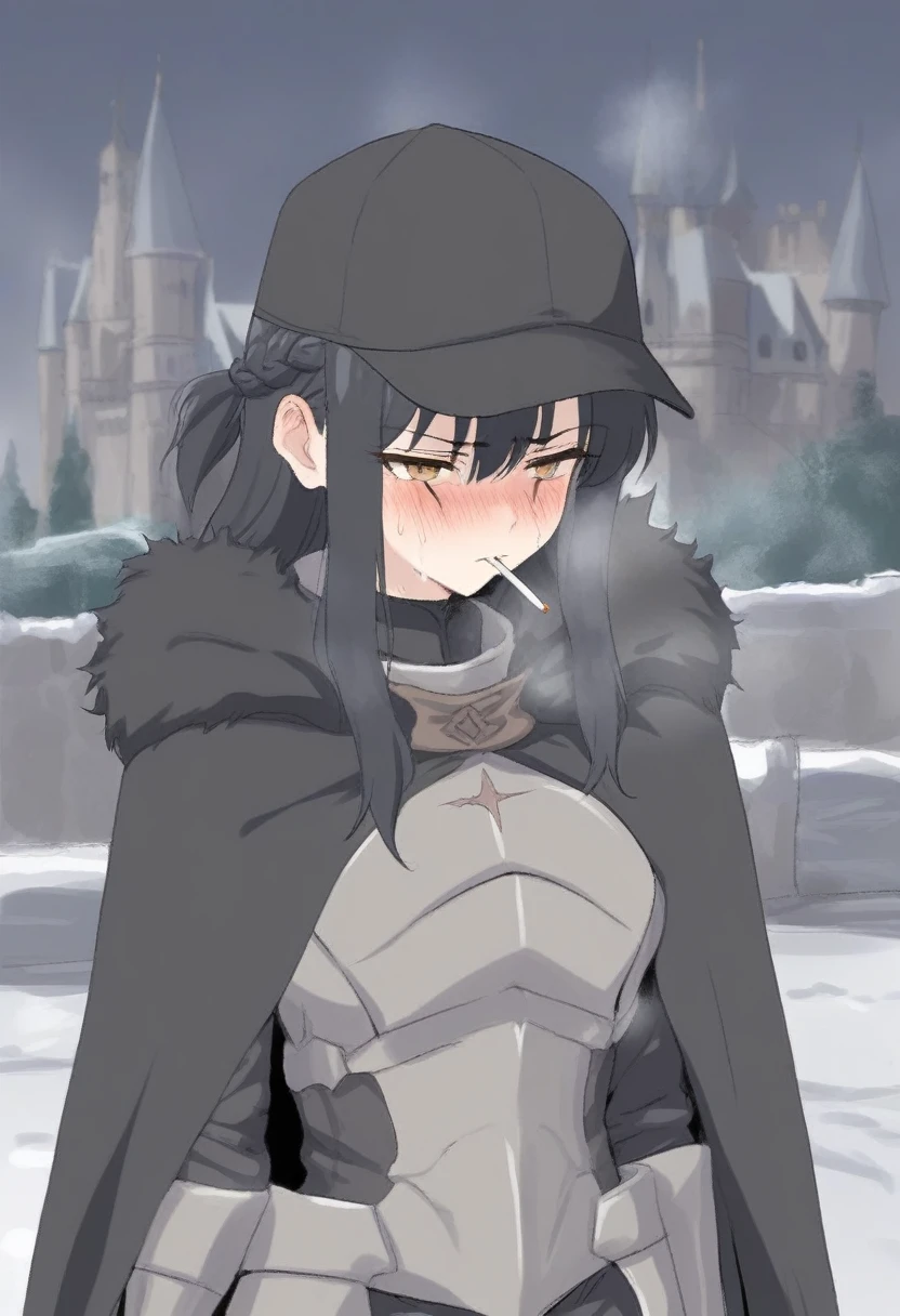 (masterpiece, best quality:1.2) {{Artist: sincos)}} 1woman, solo, stern, sfw, clothed, french braid, long hair, tall, black hair, golden eyes, looking tired, scar, black cloak, cape, black cap, castle background, cigarette in mouth, cold expression, wearing armor.