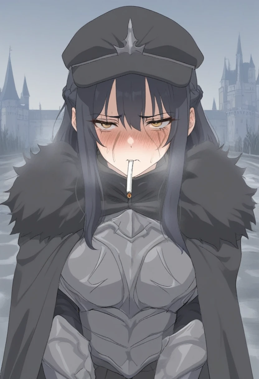 (masterpiece, best quality:1.2) {{Artist: sincos)}} 1woman, solo, stern, sfw, clothed, french braid, long hair, tall, black hair, golden eyes, looking tired, scar, black cloak, cape, black cap, castle background, cigarette in mouth, cold expression, wearing armor.