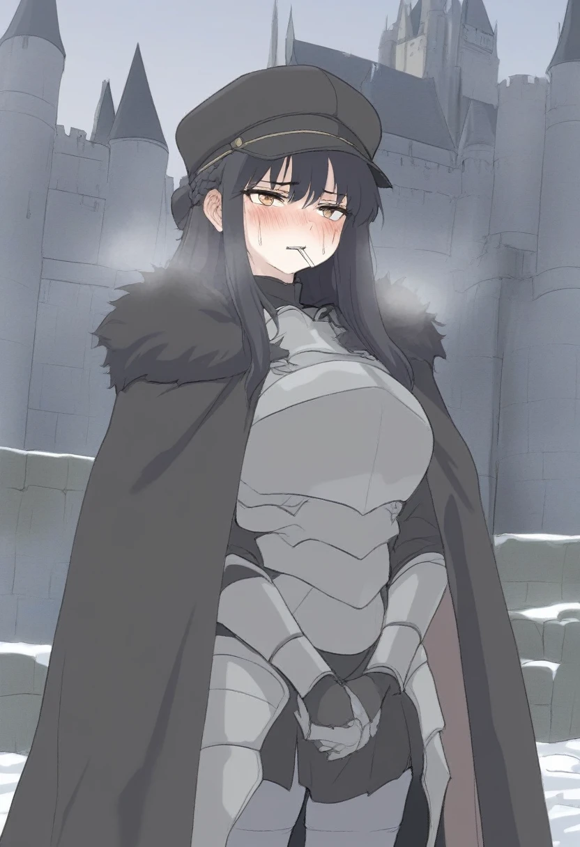 (masterpiece, best quality:1.2) {{Artist: sincos)}} 1woman, mature woman, solo, stern, sfw, clothed, french braid, long hair, tall, black hair, golden eyes, looking tired, scar over left eye, black cloak, cape, black cape, looking down at viewer, smoking, dagger at hip, dagger, castle background, dark fantasy, cigarette in mouth, detailed background, cold expression, armored, wearing armor, stern expression, fully clothed, stern face, cold expression, frown, scoffing