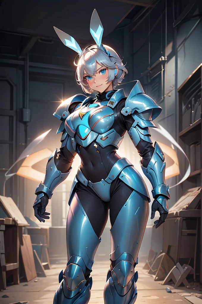 loking at viewer, light smile, blush,, o, cowboy shot, v arms, short silver hair, blue eyes, serious looks. looking at viewer, cowboy shot, solo, silver bunny ears,  lack bodysuit,  gloves, blue boots floating armor, power armor