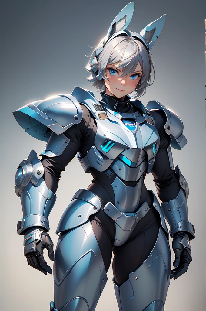 loking at viewer, light smile, blush,, o, cowboy shot, v arms, short silver hair, blue eyes, serious looks. looking at viewer, cowboy shot, solo, silver bunny ears,  lack bodysuit,  gloves, blue boots floating armor, power armor