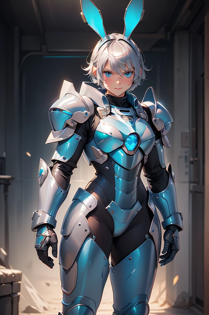 loking at viewer, light smile, blush,, o, cowboy shot, v arms, short silver hair, blue eyes, serious looks. looking at viewer, cowboy shot, solo, silver bunny ears,  lack bodysuit,  gloves, blue boots floating armor, power armor