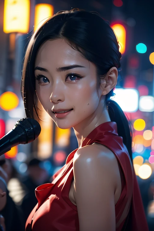 (masterpiece, Highest quality)、live house、Cute girl vocalist、Dark Eyes、Gorgeous lighting、Black Hair、Japanese women、Hand Microphone、head to waste、front、