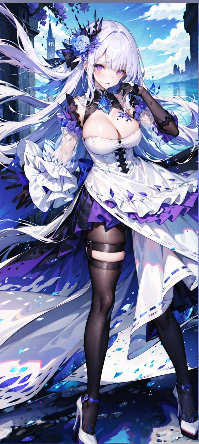 ((masterpiece:1.4,best quality)),(Super detailed),(Extremely detailed eyes),(Shiny socks:1.5),Hello Darkness
(Cute girls),,(Blood-red pupils,Diamond-shaped pupil:1.15),Purple Eyeshadow,(elongated hair,Thick hair,Single ponytail,shiny hair:1.5)(Changes through:1.2),despair,sad,Empty eyes,tears streaming down my face,tilting its head to the side,
(She wore a blue dress,:1.5),(Black gloves:1.4)Very long plush sleeves,White,White Cloud,Dream bubbles ,Ice and glitter effects
(Black long skirt:1.1),
((Starry Sky:1.2)),
(Intense black and white:1.16),(Depth of Field:1.4),,Intricate details,(((Detailed background,Castle in the Sky,Purple flowers by the lake))),(((Huge breasts,Bare breasts,Deep cleavage,White stiletto high heels,Transparent clothes)))