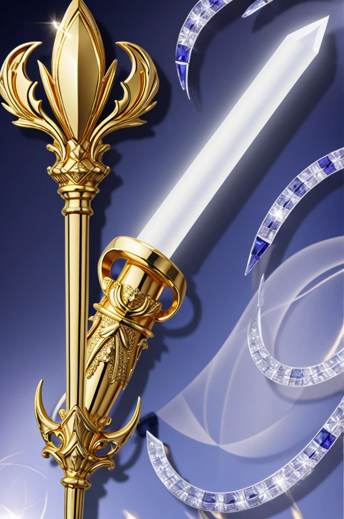 White magic wand with golden touches, with a claw grip with a clutched sapphire