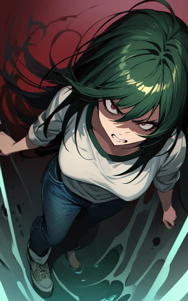 (masterpiece)、(absurdres)、(ultra detailed),Crazy Eyes、despair、Dark Side、closed mouth,Blood droplets、darkness,Blood pool space、Blood dripping background:1.3、(dark green hair)、(solo girl)、(dark green eyeiddle breast:0.9、(straight long hair、(casual jacket)、(Tshirt)、(denim JEANS)、teeth,Disgust,from above,depth underground,