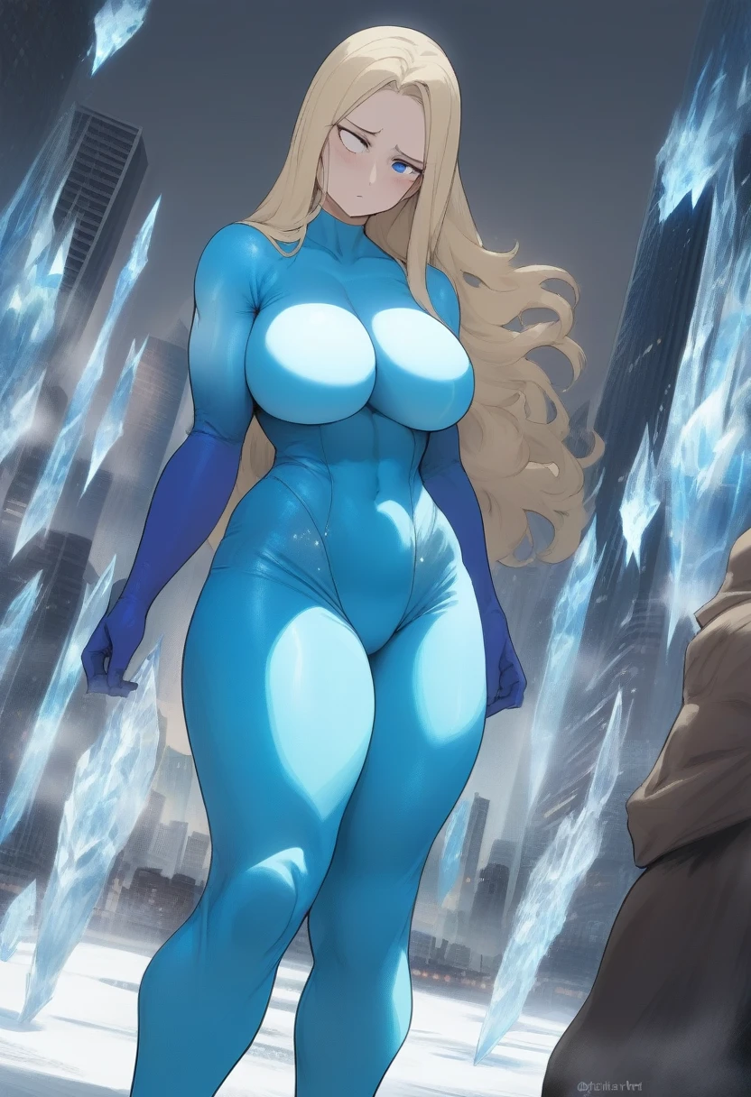 (masterpiece, best quality:1.2) {{full body, dutch angle}} {{Artist: bob_(bobtheneet)} 1woman, mature woman, middle-aged woman, long hair, blonde hair, straight hair, blue eyes, stern eyes, emotionless face, straight face, no smile, no emotion, ice powers, cyan spandex suit, blue cape, tall, large breasts, thick thighs, looking down at viewer, wearing clothes, ice crystals on arms, blue gloves, superhero, city background, muscular