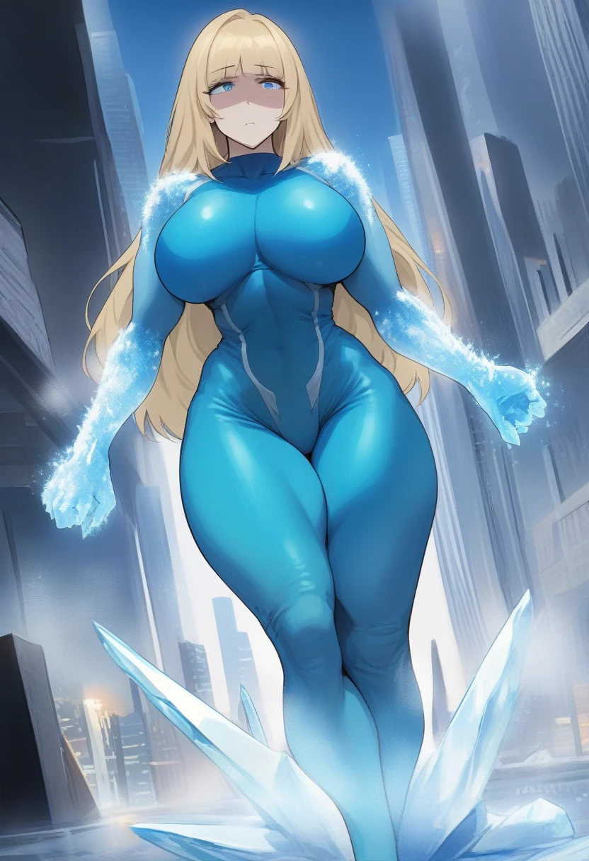 (masterpiece, best quality:1.2) {{full body, dutch angle}} {{Artist: bob_(bobtheneet)} 1woman, mature woman, middle-aged woman, long hair, blonde hair, straight hair, blue eyes, stern eyes, emotionless face, straight face, no smile, no emotion, ice powers, cyan spandex suit, blue cape, tall, large breasts, thick thighs, looking down at viewer, wearing clothes, ice crystals on arms, blue gloves, superhero, city background, muscular