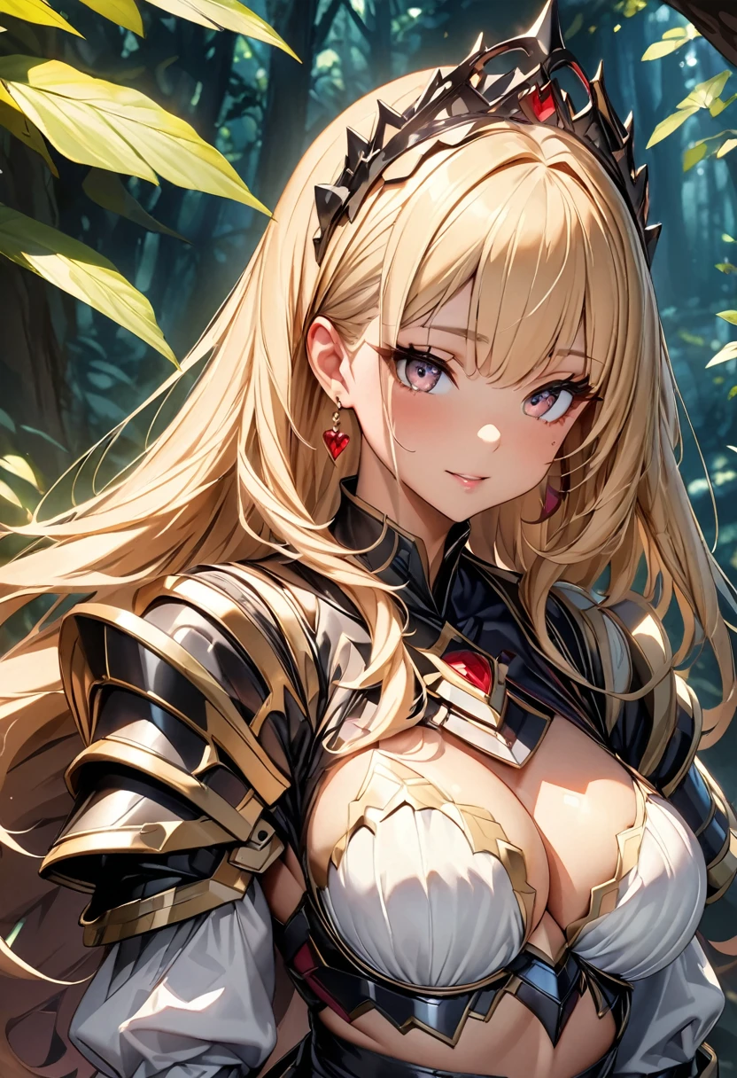(Perfect )、Mastepiece、Ultra High Quality、 8K、masterpiece、Highest quality、Ultra-high resolution、Maximum resolution、Very detailed、Professional Lighting、anime、成人woman、、１woman、thin、so beautiful、Highly detailed eye、Highly detailed face、Armored Dress, Red and black armor, , Black decorated gorgeous tiara，Red earrings，Frilly Armor，Golden Hair, The tips of her hair are pink、Golden Eyes，White 、forest, equipped with a bow