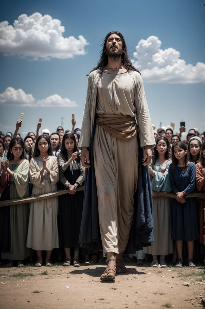 1st century Israel, 1st century clothing, open field, clear day, Jesus Christ ascending to the heavens in all glory, crowd looking and seeing Jesus ascending to the heavens, hyper-realistic, photographic quality, 16:9 aspect ratio