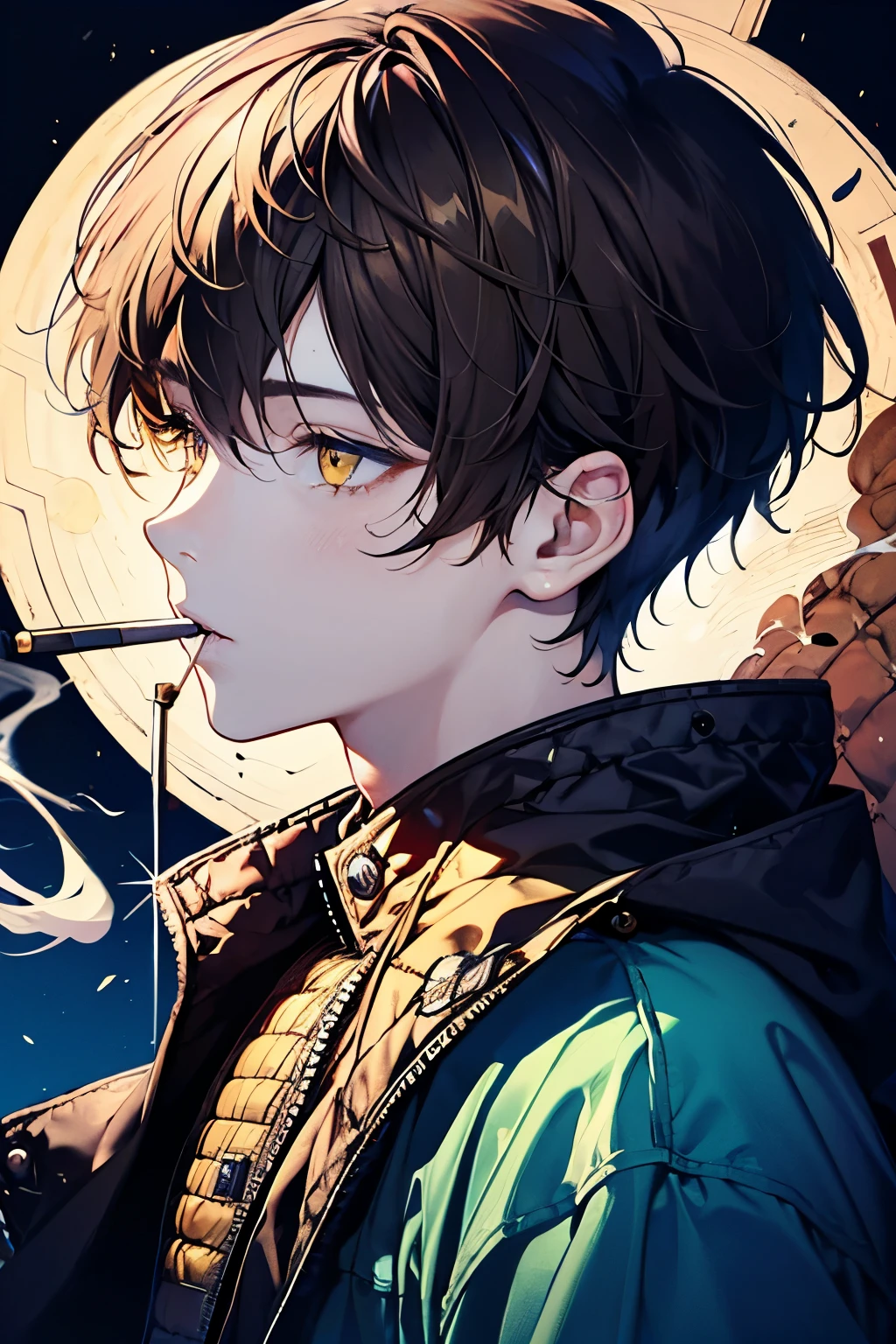 Beautiful young man, brown hair, short hair, yellow eyes, blue quilted coat, smokes, night, smoke,high quality, amount of drawing, pixiv illustration