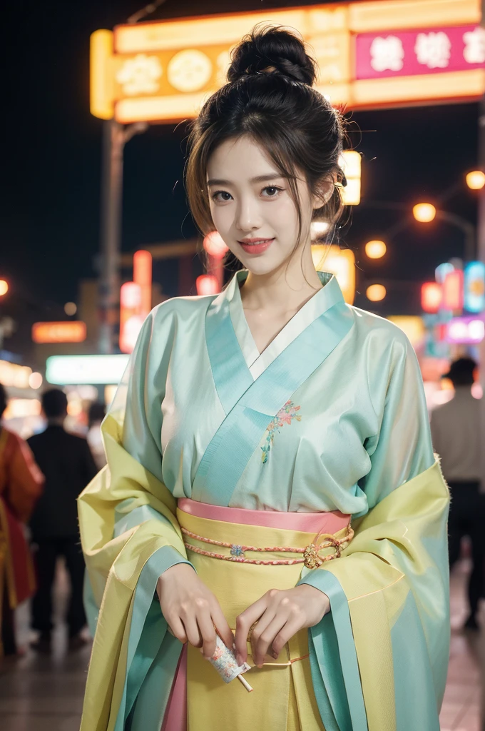 (((best quality))),(((ultra detailed))),(((masterpiece))),illustration,1girl,bun hair,see through gauze hanbok,collar,slim,flat chest,laughing, summer night,Korean city scape, street, neon signs, beautiful, vibrant, detailed facial features,medium hair, elegance, cultural atmosphere, bustling city,tall buildings full of colorful advertisements, reflections, lively atmosphere, street food aroma