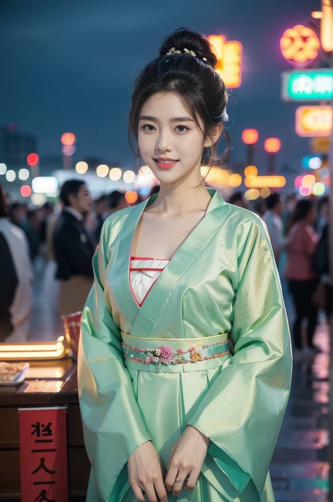 (((best quality))),(((ultra detailed))),(((masterpiece))),illustration,1girl,bun hair,see through gauze hanbok,collar,slim,flat chest,laughing, summer night,Korean city scape, street, neon signs, beautiful, vibrant, detailed facial features,medium hair, elegance, cultural atmosphere, bustling city,tall buildings full of colorful advertisements, reflections, lively atmosphere, street food aroma