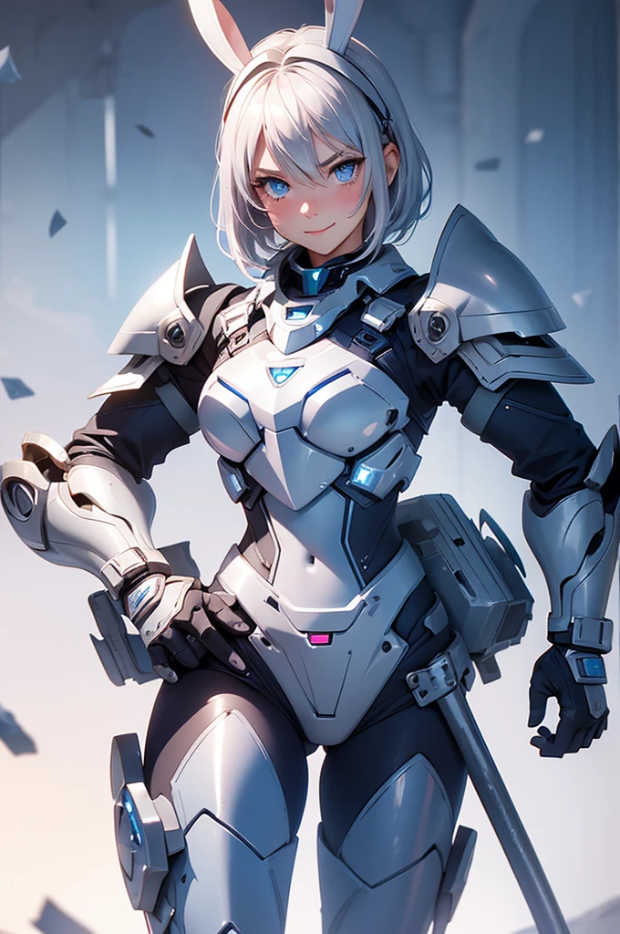 loking at viewer, light smile, blush,, o, cowboy shot, v arms, short silver hair, blue eyes, serious looks. looking at viewer, cowboy shot, solo, silver bunny ears,  lack bodysuit,  gloves, blue boots floating armor, power armor