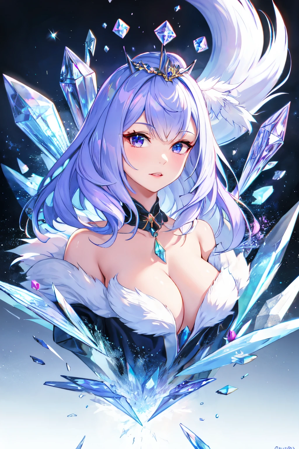 female humanoid fox wearing a crystal crown, long light purple hair, fox ears, and crystallized gemstone foxtails