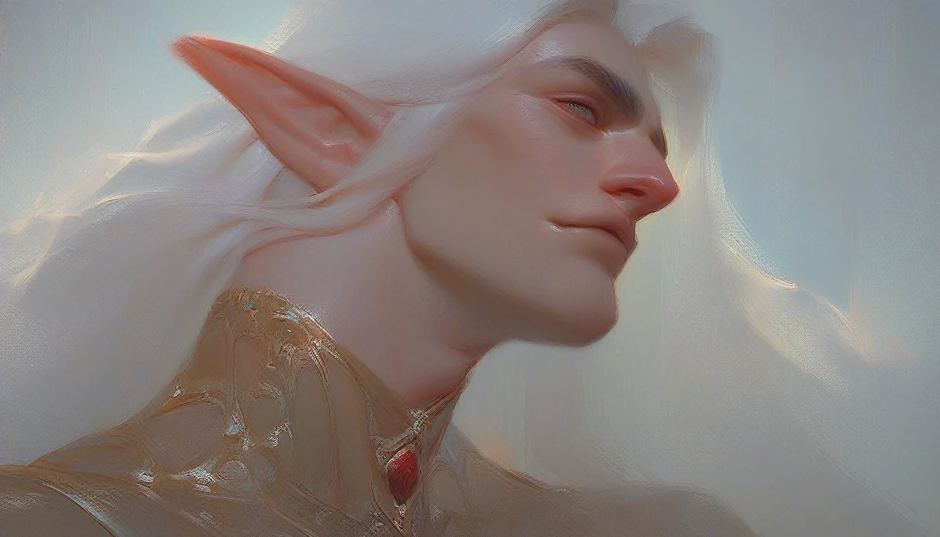 score_9, score_8_up, score_7_up, angled view from below, hyperdetailed, absurdres, highres, male elf with very long white hair, high cheekbones, beautiful face, scarlet clothes, exquisite clothes, close to face, portrait, oil painting