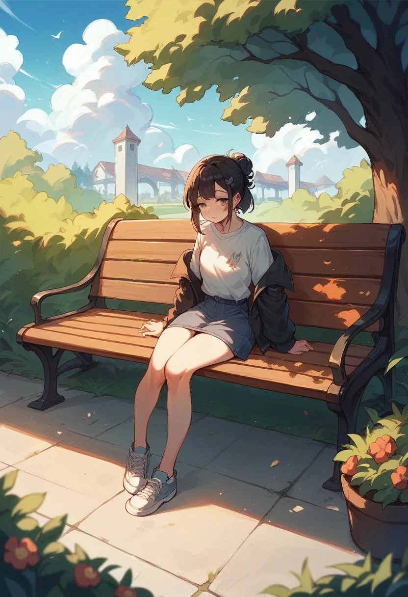 This person is sitting on a bench in a park late at night