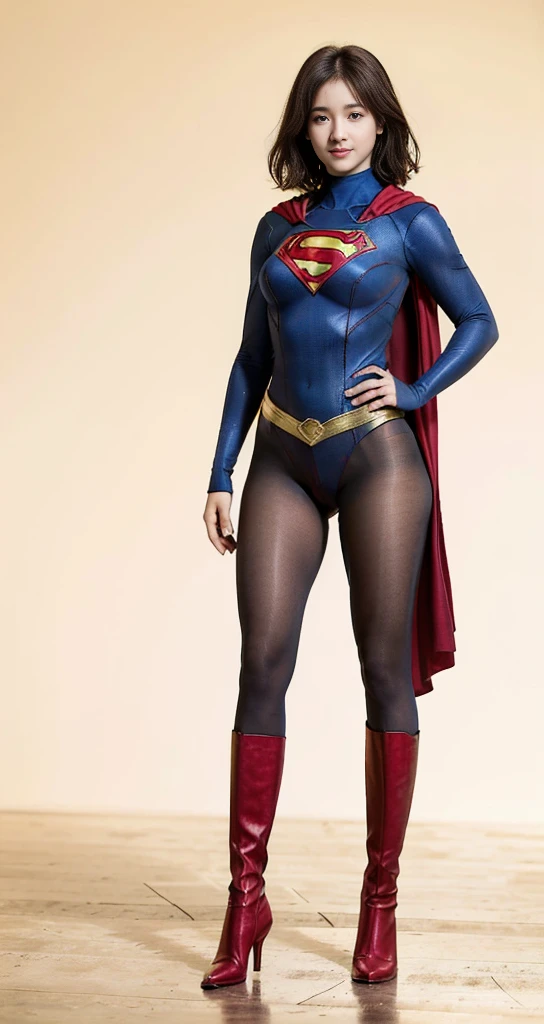 No background、(((Beautiful legs in black tights.)))、(((Legally express the beauty of your smile)))、((((Make the most of your original images)))、(((Supergirl Costume)))、(((Beautiful very short hair)))、(((suffering)))、(((Please wear black tights....、Wear red boots)))、((Best image quality、8K))、((Highest quality、8K、masterpiece:1.3))、(((Preserve background )))、Sharp focus:1.2、Beautiful woman with perfect figure:1.4、Slim Abs:1.2、Wet body:1.5、Highly detailed face and skin texture、8K