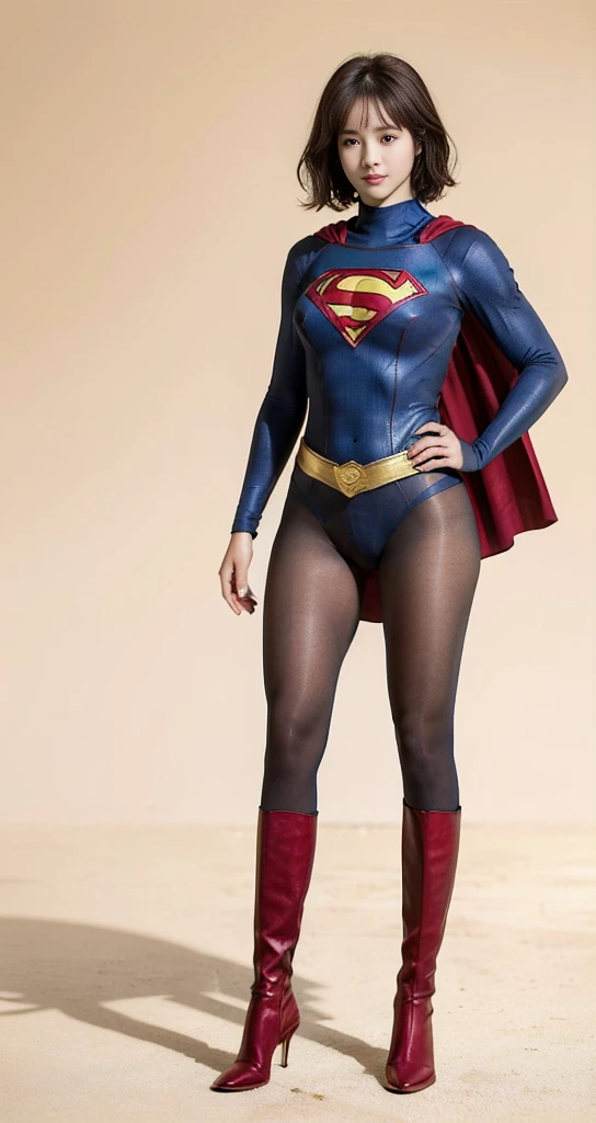 No background、(((Beautiful legs in black tights.)))、(((Legally express the beauty of your smile)))、((((Make the most of your original images)))、(((Supergirl Costume)))、(((Beautiful very short hair)))、(((suffering)))、(((Please wear black tights....、Wear red boots)))、((Best image quality、8K))、((Highest quality、8K、masterpiece:1.3))、(((Preserve background )))、Sharp focus:1.2、Beautiful woman with perfect figure:1.4、Slim Abs:1.2、Wet body:1.5、Highly detailed face and skin texture、8K