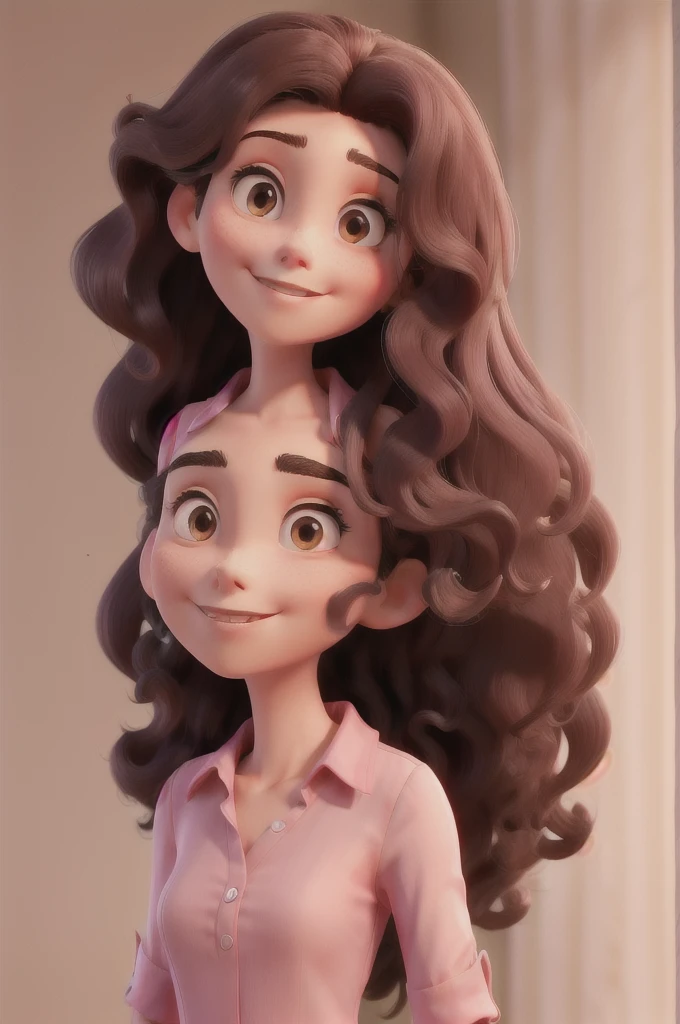 Create a slightly thin woman with hair that is curly at the ends and straight on top, with a straight, pointed nose, a pink blouse, with a half-turned face, long black hair