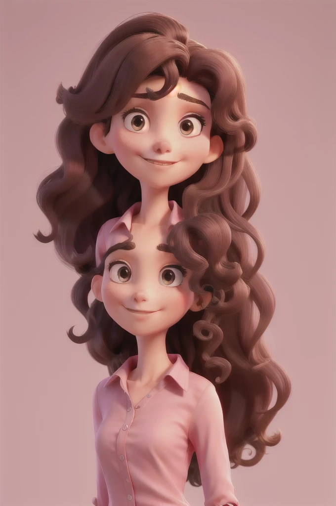 Create a slightly thin woman with hair that is curly at the ends and straight on top, with a straight, pointed nose, a pink blouse, with a half-turned face, long black hair