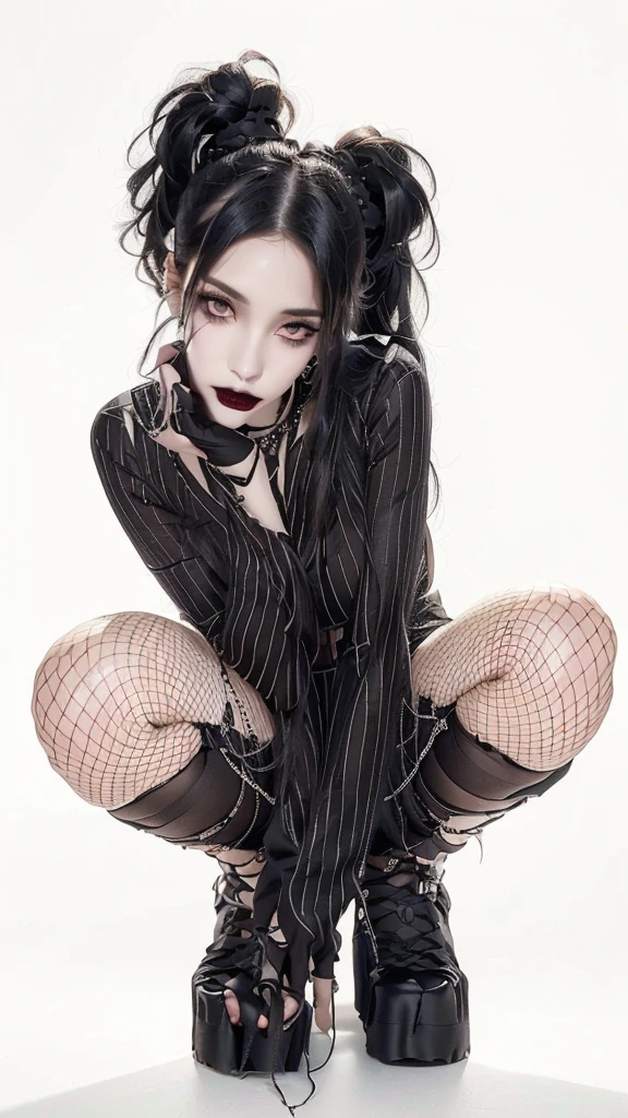 araffe woman with black hair and piercings crouching on a white surface, 1 7 -  - old h girl, Gothic, ciberGothic, goth girl, gothic woman, estilo Gothic, 1 7 - year - anime g girl, top model Gothic muito lindo, Death Star, goth girl aesthetic, Gothic aesthetic, vibrações de terror Gothic, neoGothic