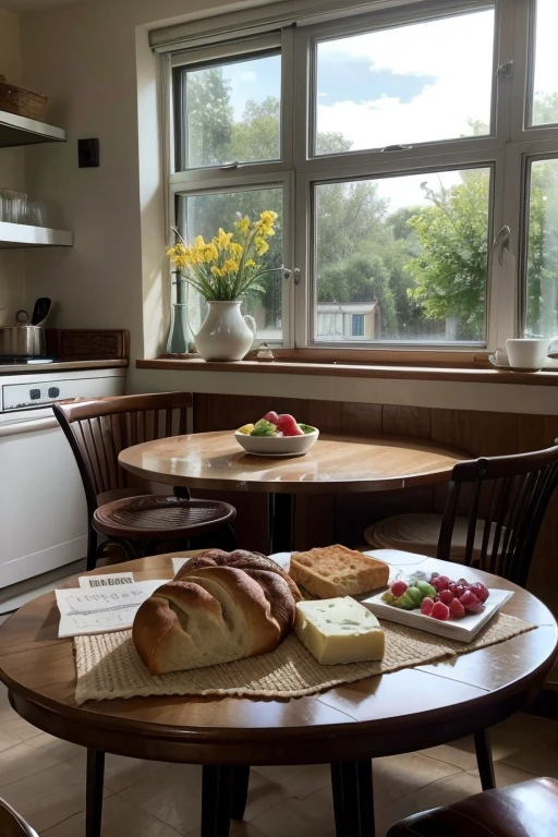 Create an image of a sophisticated, modern kitchen with a large, inviting table set for breakfast. The table is laden with an abundance of breakfast items, including various types of freshly baked bread, prominently displayed butter, a selection of cakes, a variety of juices, slices of cheese, and a beautifully arranged basket of fresh fruits. A stylish teapot with matching cups is also on the table. A ray of sunlight streams through a window, illuminating the breakfast table and creating a warm and welcoming atmosphere. Seated around the table are a Black man, a White woman, and a Black , all looking happy and engaged. The scene should emphasize the bread and butter as focal points and convey a sense of warmth, abundance, and joy."

