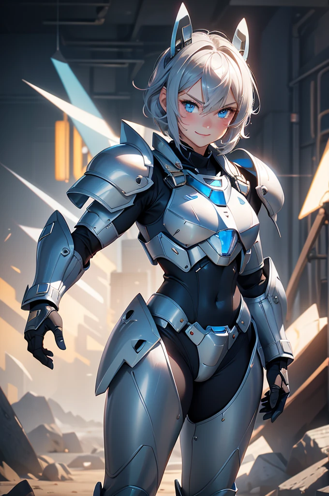 loking at viewer, light smile, blush,, o, cowboy shot, v arms, short silver hair, blue eyes, serious looks. looking at viewer, cowboy shot, solo, silver bunny ears, lack bodysuit, gloves, blue boots floating armor, power armor