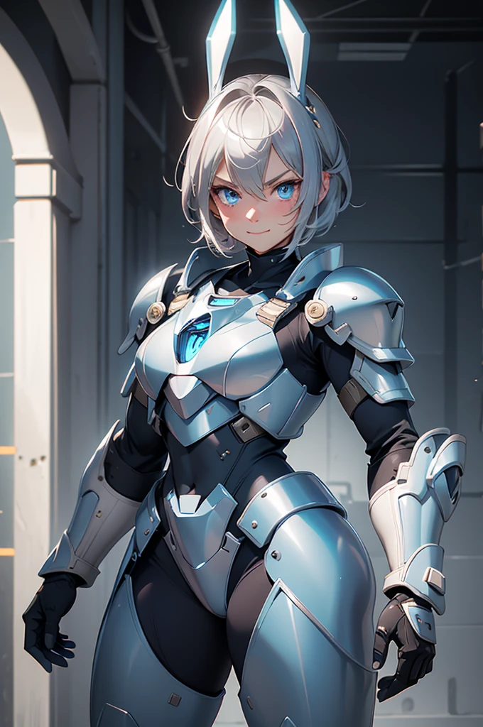 loking at viewer, light smile, blush,, o, cowboy shot, v arms, short silver hair, blue eyes, serious looks. looking at viewer, cowboy shot, solo, silver bunny ears, lack bodysuit, gloves, blue boots floating armor, power armor