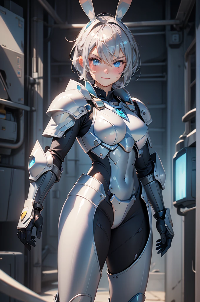 loking at viewer, light smile, blush,, o, cowboy shot, v arms, short silver hair, blue eyes, serious looks. looking at viewer, cowboy shot, solo, silver bunny ears, lack bodysuit, gloves, blue boots floating armor, power armor