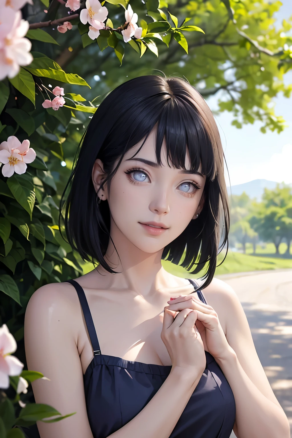 (best quality,4k,8k,highres,masterpiece:1.2),ultr
a-detailed,realistic,photorealistic:1.37,detailed
eyes,beautiful detailed lips, pale, nobara kugisaki from jujutsu kaisen wearing dark blue dress, perfect figure, attractive rounded breasts, smiling, puffy lips, posing in sunshine, outdoor ,dark blue dress, cherry blossom trees, green trees, sakura falling, in the park, short 2 block light brown haired girl, realistic hands, realistic hair, realistic nose, realistic lips, giving flying kiss, correct hands