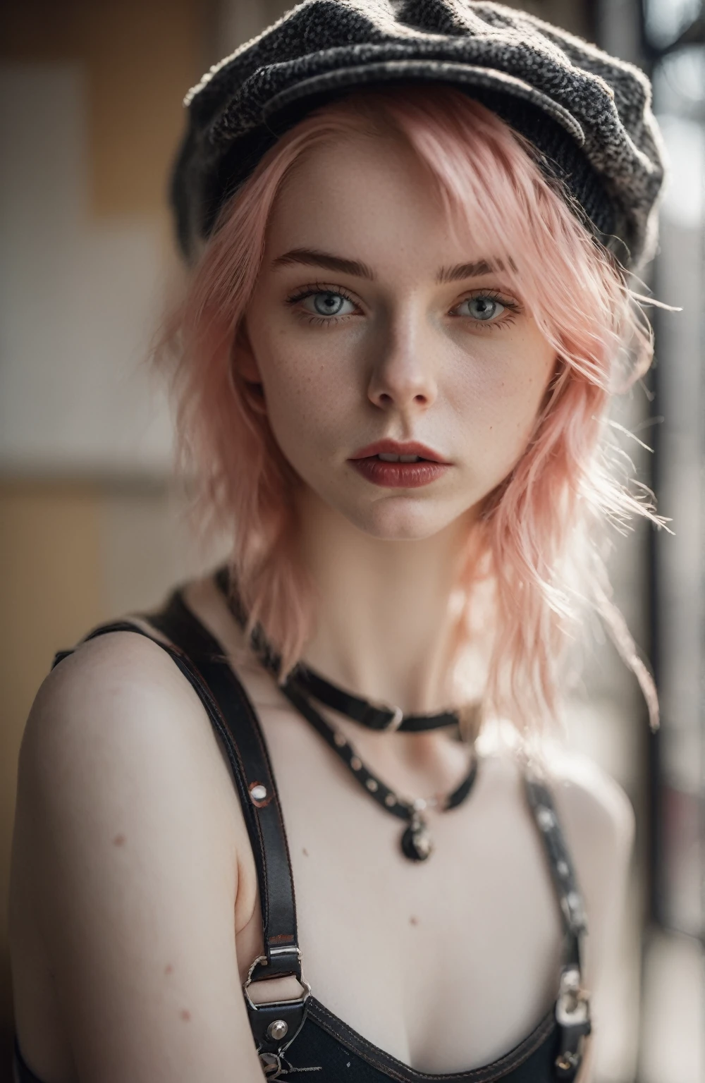 Thorough,analog style,eye focus,highest quality,(highly detailed skin),photo of an exquisitely beautiful pale skin punk Dutch girl,21yo,(wearing harness, and beanie),perfect face,alluring eyes,[seductive makeup],skin pores,(piercing:0.5),indoor,messy bedroom,(bokeh:0.6),sharp focus,dappled lighting,(backlighting:0.7),film grain,photographed on a Sony A7R IV,18mm F/1.7 cine lens,(highly detailed, intricately detailed),8k,HDR,seductively posing,front view,(upper body:0.9),