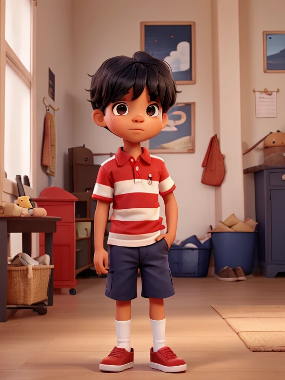 A Little boy 10 year with black hair, light skin and brown eyes. Red and white striped shirt, navy blue shorts and red shoes