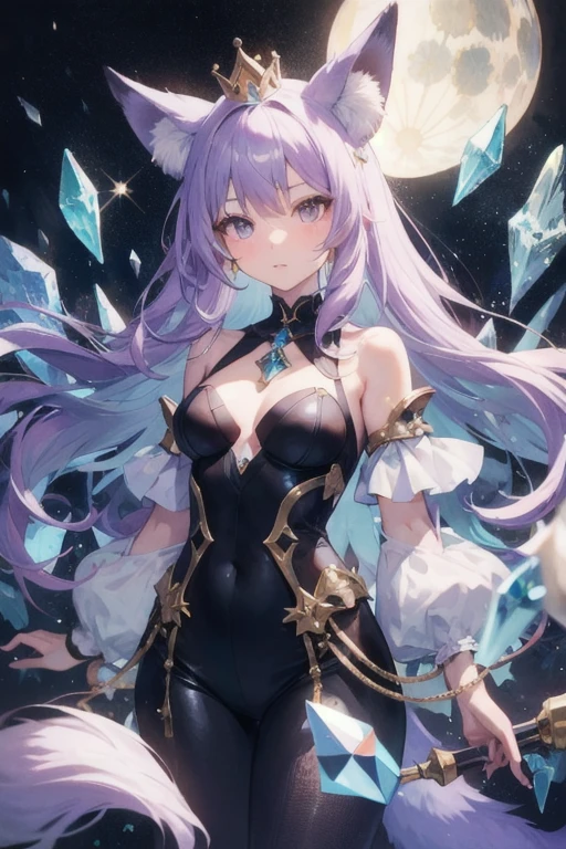 female humanoid fox wearing a crystal crown, long light purple hair, fox ears, and crystallized gemstone foxtails