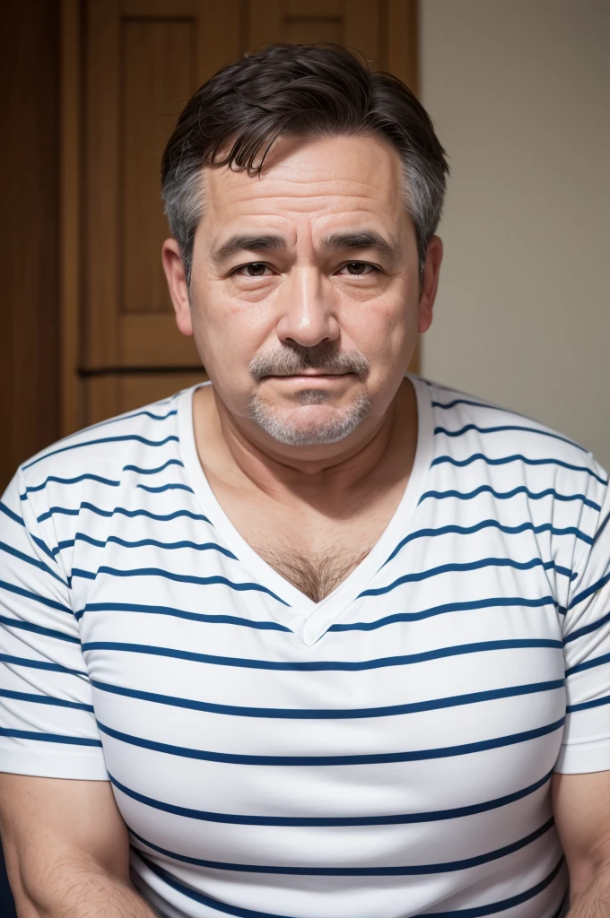 A white middle-aged man with a fat face and a white, striped shirt