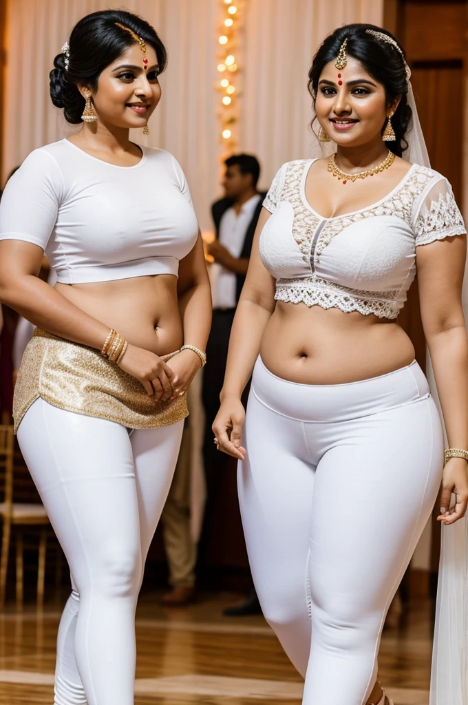 Beautiful chubby Indian aunty with husband wearing  leggings with navel length white tshirt at wedding reception